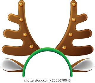 Reindeer antlers headband with golden decorations and white ears attached to a green plastic band, bringing festive cheer to christmas celebrations