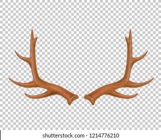 Reindeer antlers. Realistic deer horns for christmas, new year holiday decoration, home interior hunting truphy. Vector adventure emblem, hunt equipment logo, transparent background illustration