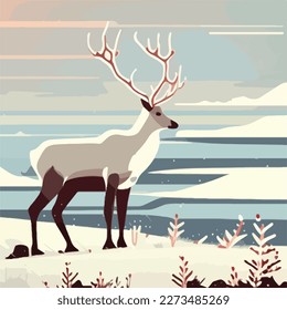 Reindeer in arctic tundra. Arctic animals in natural habitat. Flat vector illustration concept