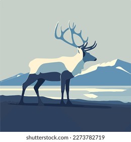 Reindeer in arctic tundra. Arctic animals in natural habitat. Flat vector illustration concept