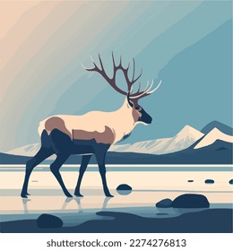 Reindeer in arctic tundra. Arctic animals in natural habitat. Flat vector illustration concept