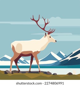 Reindeer in arctic tundra. Arctic animals in natural habitat. Flat vector illustration concept