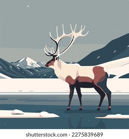 Reindeer in arctic tundra. Arctic animals in natural habitat. Flat vector illustration concept