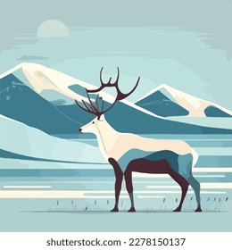 Reindeer in arctic tundra. Arctic animals in natural habitat. Flat vector illustration concept