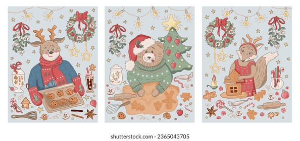 Reindeer is baking christmas cookies. Fox is making gingerbread house. Bear is making christmas cookies. Christmas vector illustration set.