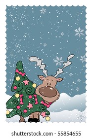 reindeer behind christmas tree