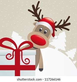 reindeer behind gift box red white ribbon