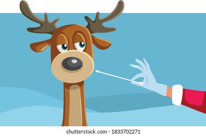 Reindeer Being Swabbed for a Covid-19 Test by Santa Claus. Santa taking measures to assure a safe Christmas holiday during pandemic
