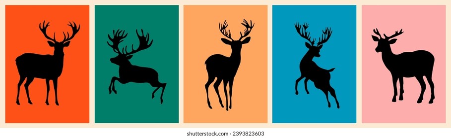 Reindeer black silhouette vector art set isolated.