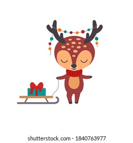 Reindeer boy Christmas character. Cute sweet little deer with Xmas garland on horns. Baby childish winter animal wearing scarf holding sleigh with gift box. Whimsical funny print for Christmas design.
