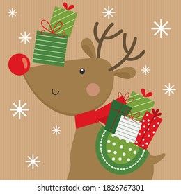 reindeer brings christmas gift greeting card design