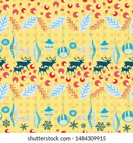 Reindeer and calf Christmas pattern with retro Christmas ornaments, holly berries and leaves. Scandinavian style seamless vector. For fabric, wrapping paper, packaging and holiday season projects.