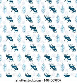 Reindeer and calf Christmas pattern with snowflakes and holly leaves. Scandinavian style seamless vector design. For fabric, wrapping paper, packaging and holiday season projects.