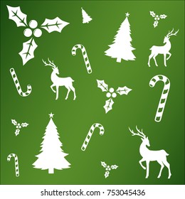 reindeer, candy cane and mistleloe silhoettes on green background. xmas symbols pattern. merry christmas concept