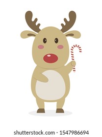 Reindeer and candy cane vector illustration cartoon isolated on white background. Christmas reindeer vector cartoon. 