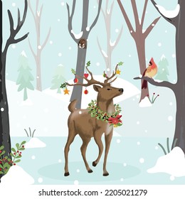 reindeer and cardinal bird in winter forest