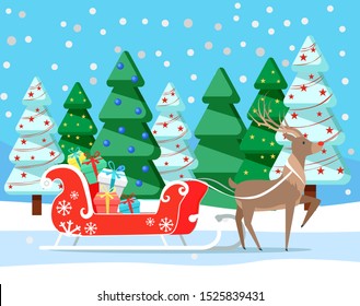 Reindeer with carriage loaded with gifts. Deer with presents in boxes in winter forest with pine trees. Animal in woods with spruce and garlands. Christmas holiday celebration greeting card vector