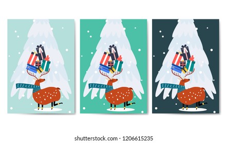 Reindeer carrying presents with horn vector