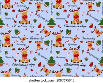 Reindeer cartoon character seamless pattern on blue background.  Christmas