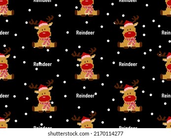 Reindeer cartoon character seamless pattern on black background. Pixel style