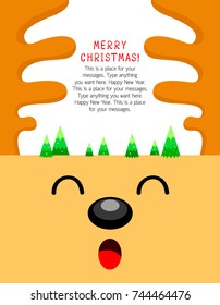 Reindeer cartoon character with Xmas tree. Merry Christmas and happy new year. Vector Illustration, design for greeting card, banner, poster.