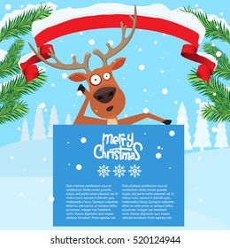 Reindeer cartoon lean on and showing or holding blank billboard with winter background and fir tree leaf. Ribbon snow on it. Merry christmas calligraphy and snowflakes. Empty place for your design.