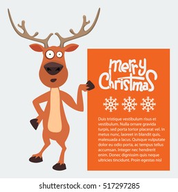 Reindeer cartoon showing or holding blank billboard. Merry christmas calligraphy and snowflakes. Empty place for your design.