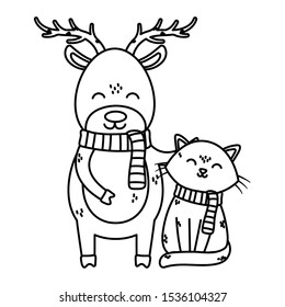 reindeer and cat with scarf celebration merry christmas vector illustration thick line