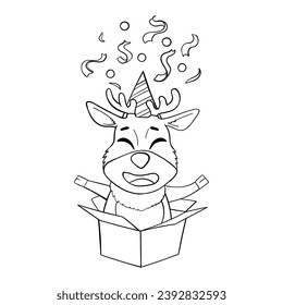 Reindeer character jumps out of a box with gifts. For Christmas greetings and birthdays.