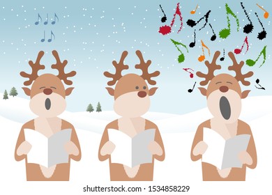 reindeer characters singing Christmas carols in the snow. EPS file available