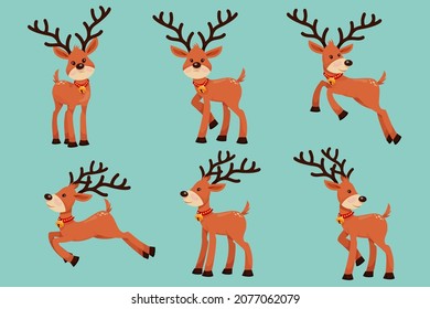 Reindeer characters in various poses and scenes. Merry Christmas cutout element Holiday cards, invitations and website celebration decoration. Flat vector illustration