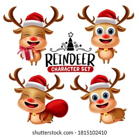 Juego de vectores de caracteres renos. Caracter animal de navidad de renos en diferentes poses y gestos con sombrero rojo, saco y elementos de regalo para el diseño de la colección navideña de navidades. Ilustración del vector  