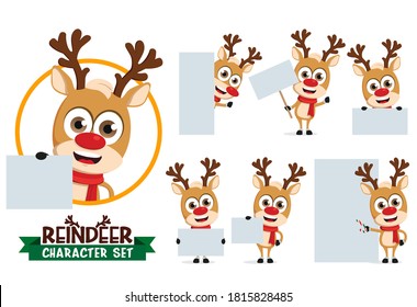 Reindeer characters vector set. Reindeers character in different pose and gesture holding empty white board for xmas presentation and greeting banner card. Vector illustration