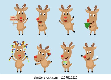 Reindeer charactor set. Charactor design of  hold merry christmas tag, charming act, happy smile, hold the present gift and Christmas light for Christmas decoration element. vector illustration