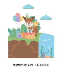 Reindeer and chicken with happy birthday icon design