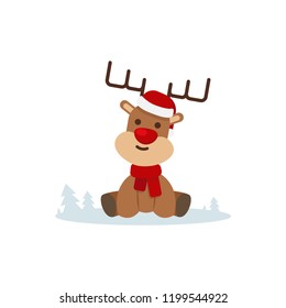 Reindeer child sitting in Christmas red hat with red scarf
