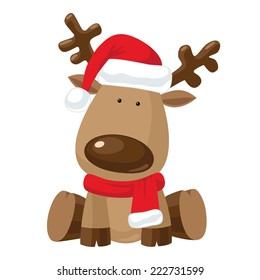 Reindeer child sitting in Christmas red hat with red scarf