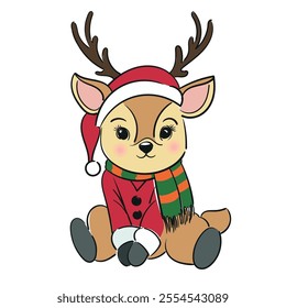 Reindeer child sitting in Christmas red hat with green scarf. Vector illustration. Cute baby flat illustration with outline. For new year cards, design, web.