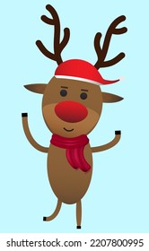 Reindeer Chrismas makes a happy face with both hands raised on a blue background. Design for Christmas greeting card, banner, poster in paper cut. Vector illustration.