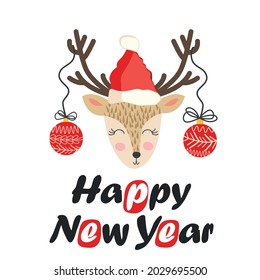 Reindeer with Christmas balls on the horns and in a santa claus hat. Christmas card with a deer and letters. Cute winter poster, Christmas card, banner, sticker, gift tag