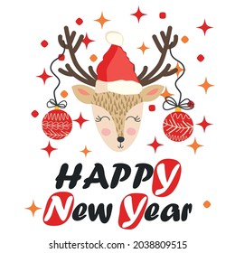 Reindeer with Christmas balls on the horns and in a santa claus hat. Christmas card with a deer and letters. Cute winter poster, Christmas card, banner, sticker, gift tag