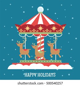 Reindeer Christmas carousel flat vector illustration/greetings card