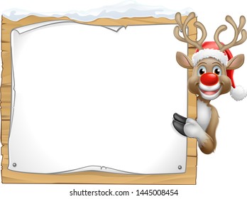Reindeer Christmas cartoon character in Santa hat peeking around a wooden sign and pointing at it