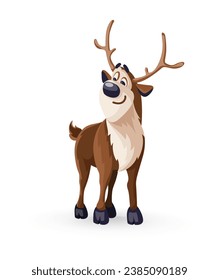 Reindeer christmas cartoon Character, smiling northern animal with antlers. Holiday character. Isolated on white transparent background. Vector illustration.