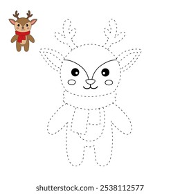 Reindeer christmas character coloring pages for kids. Trace and color reindeer christmas character. Reindeer isolated on white background. Kindergarten and preschool worksheets printable for kids. 