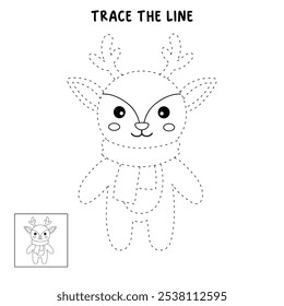 Reindeer christmas character coloring pages for kids. Trace and color reindeer christmas character. Reindeer isolated on white background. Kindergarten and preschool worksheets printable for kids. 