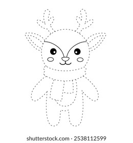 Reindeer christmas character coloring pages for kids. Trace and color reindeer christmas character. Reindeer isolated on white background. Kindergarten and preschool worksheets printable for kids. 