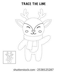 Reindeer christmas character coloring pages for kids. Trace and color reindeer christmas character. Reindeer isolated on white background. Kindergarten and preschool worksheets printable for kids. 