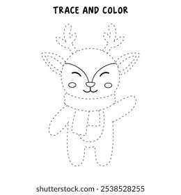 Reindeer christmas character coloring pages for kids. Trace and color reindeer christmas character. Reindeer isolated on white background. Kindergarten and preschool worksheets printable for kids. 