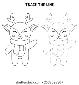 Reindeer christmas character coloring pages for kids. Trace and color reindeer christmas character. Reindeer isolated on white background. Kindergarten and preschool worksheets printable for kids. 